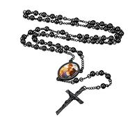 Custom4U Collana Rosario da Uomo Foto Incisione Personalizzabile Nero Placcato con Catena di Perline Regolabile 66+16 cm Regalo del Battesimo della Santa Comunione