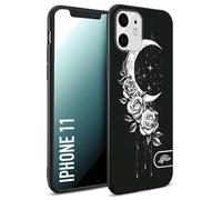 CUSTOMIZZA - Custodia cover nera morbida in tpu compatibile per iPhone 11 luna e fiori moon flowers black and white bianco a rilievo disegnato tattoo tatuaggio