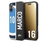 CUSTOMIZZA - Custodia cover nera morbida in tpu compatibile per iPhone 16 personalizzata calcio football nome e numero calciatori biancoazzurri bianco celesti