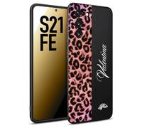 CUSTOMIZZA - Custodia cover nera morbida in tpu compatibile per Samsung S21 FE leopardato rosa fucsia personalizzata nome iniziali