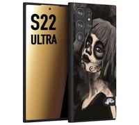 CUSTOMIZZA - Custodia cover nera morbida in tpu compatibile per Samsung S22 ULTRA chicana messicana dea de la muerte donna santa tattoo disegnata