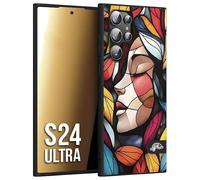 CUSTOMIZZA - Custodia cover nera morbida in tpu compatibile per Samsung S24 ULTRA Vetrata artistica volto di donna profilo fogliare mosaico di vetro colorato