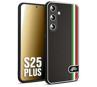 CUSTOMIZZA - Custodia cover nera morbida in tpu compatibile per Samsung S25 PLUS effetto fibra di carbonio bandiera Italia made in Italy