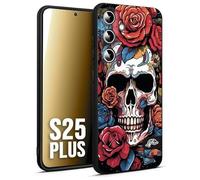 CUSTOMIZZA - Custodia cover nera morbida in tpu compatibile per Samsung S25 PLUS teschio skull flowers fiori rose rosse tattoo disegnato