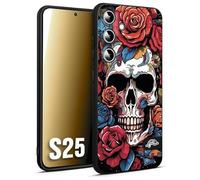 CUSTOMIZZA - Custodia cover nera morbida in tpu compatibile per Samsung S25 teschio skull flowers fiori rose rosse tattoo disegnato