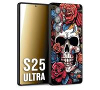 CUSTOMIZZA - Custodia cover nera morbida in tpu compatibile per Samsung S25 ULTRA teschio skull flowers fiori rose rosse tattoo disegnato
