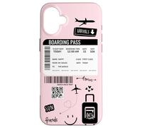 Cute Airplane Boarding Travel Pass Happy Doodle Blush Pink Custodia per iPhone 16 Plus