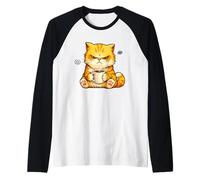 Cute Angry Cat Drinking Coffee Orange Cat Morning Mood Meme Maglia con Maniche Raglan