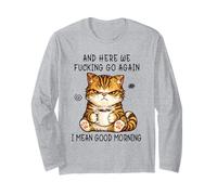 Cute Angry Cat Drinking Coffee Tabby Cat Morning Mood Meme Maglia a Manica