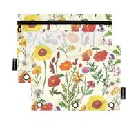 Cute Art - Astuccio portamatite a 3 anelli, stile retrò, con fiori selvatici, colore giallo, con cerniera, per la scuola, con tasche trasparenti, 24,9 x 18 cm, 2 confezioni