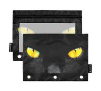 Cute Art - Raccoglitore a 3 anelli con motivo occhi di gatto, colore giallo brillante, con cerniera, per la scuola, trasparente, con tasche floreali, 24,9 x 18 cm, confezione da 2