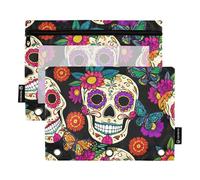 Cute Art - Raccoglitore a 3 anelli con teschi di zucchero, fiori, astuccio per penne e matite, con cerniera, per scuola, trasparenti, 24,9 x 18 cm, 2 confezioni