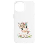 Cute Baby Unicorn with Flowers - Kawaii Pastel Pony Custodia per iPhone 15