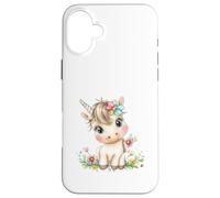 Cute Baby Unicorn with Flowers - Kawaii Pastel Pony Custodia per iPhone 16 Plus