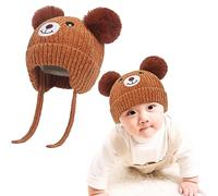 Cute Bear - Berretto invernale per bambini, foderato in pile, lavorato a maglia, con paraorecchie, doppio pompon in ciniglia, con paraorecchie, caldo, con cinghia, per bambini da 1 a 5 anni