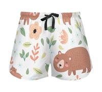 Cute Bears Family Flowers White Brown Pajama Bottoms for Women, Elastic Waist Drawstring Lounge Shorts Yoga, M