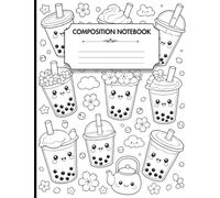 Cute Boba Composition Notebook: Color Your Own Cover: Kawaii Bubble Tea Wide Ruled Notebook with Bonus Coloring Page | 100 Lined Writing Pages | 7.44 x 9.69 Inches
