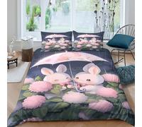 Cute bunnies under umbrellaSet Di Copripiumino microfibra 3 Pezzi stampa di 3D cerniera nascosta Pastel art copripiumino con federe traspirante ultra morbido for coppie Super king（260x220cm）