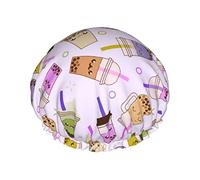 Cute Cartoon Bubble Tea Pattern Cuffia da doccia Donna Cappucci per capelli lunghi riutilizzabili con fascia elastica Cappello da doccia a doppio strato per adulti Bambini