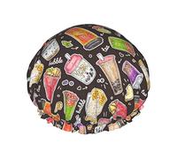 Cute Cartoon Bubble Tea Pattern Cuffia da doccia Donna Cappucci per capelli lunghi riutilizzabili con fascia elastica Cappello da doccia a doppio strato per adulti Bambini