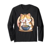 Cute Cat Eating Noodles Kawaii Cartoon Anime Food Lover Maglia a Manica