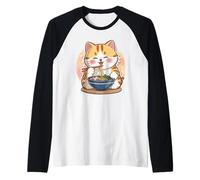 Cute Cat Eating Noodles Kawaii Cartoon Anime Food Lover Maglia con Maniche Raglan