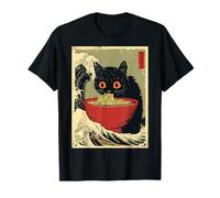 Cute Cat Eating Ramen Noodle with Great Wave Japanese Meme Maglietta