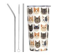 Cute Cat Face A Print Tumbler con coperchio e cannuccia, 590 ml bicchieri isolati in acciaio inox, tazza da caffè personalizzata tazza da viaggio bottiglia d'acqua