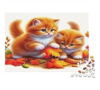 Cute Cat Jigsaw Puzzles for Adults Two Kittens with Autumn Leaves Educational Games for The Whole Family Women 70x50cm 1000pcs