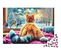 Cute Cat Recycled Paper Orange Cat on Windowsill Watching Winter Birds Jigsaw Puzzle Interactive Family Activity 70x50cm/1000pcs