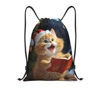 Cute Cat Sing Christmas Carols Print Sacca con Cordoncino Borse Stringa Moda Borsa Palestra per All'Aperto Shopping Vita Quotidiana 36X42Cm