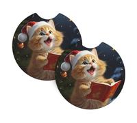 Cute Cat Sing Christmas Carols Sottobicchiere Auto 2 Pezzi Antiscivolo Sottobicchieri Sottobicchieris Per Donne Camion Suv 6.9Cm