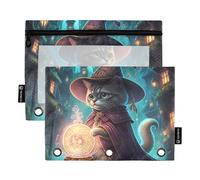 Cute Cat Wizard - Raccoglitore a 3 anelli, con cerniera, per scuola, colori pastello, tasche trasparenti per studenti, 24,9 x 18 cm, confezione da 2