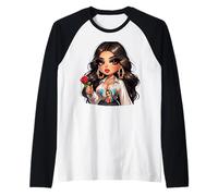 Cute Chibi Mexican Baby Girl Chicana La Madrecita Morenita Maglia con Maniche Raglan