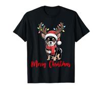 Cute Christmas Chihuahua Dog Santa Hat Reindeer Lights Maglietta