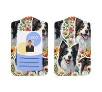 Cute-Collie-Dogs-Floral PU Leather ID Badge Holder con cordino, porta badge verticale per Ofiice