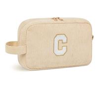 Cute Corduroy Makeup Bag for Women - Personized Travel Cosmetic Organizer with Letter Customization, for Her, Best Friend, Rosa Makeup Pouch, bianco sporco, C