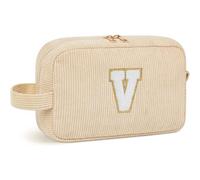 Cute Corduroy Makeup Bag for Women - Personized Travel Cosmetic Organizer with Letter Customization, for Her, Best Friend, Rosa Makeup Pouch, bianco sporco, V