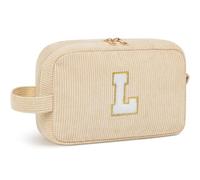Cute Corduroy Makeup Bag for Women - Personized Travel Cosmetic Organizer with Letter Customization, for Her, Best Friend, Rosa Makeup Pouch, bianco sporco, L