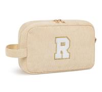 Cute Corduroy Makeup Bag for Women - Personized Travel Cosmetic Organizer with Letter Customization, for Her, Best Friend, Rosa Makeup Pouch, bianco sporco, R