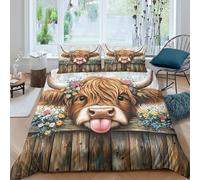 Cute cow with flowerscopripiumino microfibra 3 pezzi motivo 3D con cerniera Rustic farm art Set Di Copripiumino incluso federe aiosa morbida for ragazzi Single（135x200cm）