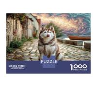 Cute Dog Puzzle da Assemblare Carta Resistente Husky sul Sentiero del Villaggio Rilassante e Antistress Regalo di Compleanno 70x50cm/1000pezzi