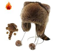 Cute Faux Fur Raccoon Tail Parent-Child Plush Hat,Fluffy Raccoon Animal Thermal Hat,Winter Windproof Furry Earflap Beanie Cap, adulti, Taglia unica