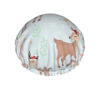 Cute Fawn Merry Christmas Cuffia da Doccia, Cuffie da Bagno Riutilizzabili per Donna Capelli Lunghi, Doppio Strato Impermeabile Cappello da Doccia Protezione per Capelli per Bambini Ragazze Uomini