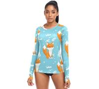 Cute Fox Blue - Rash Guard da donna, a maniche lunghe, UPF 50, colore: Blu, Carino Fox Blu, L