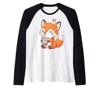 Cute Fox Bubble Tea Kawaii Anime Volpi Amanti Ragazze Maglia con Maniche Raglan