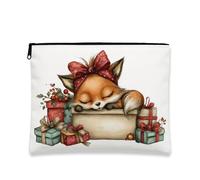 Cute Fox Makeup Bag, Vintage Holiday Cosmetic Pouch per le donne, Portable Canvas Zipper Organizer, Christmas Skincare Toiletry Bag, bianco, 7x9 Inch