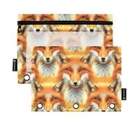 Cute Fox - Raccoglitore a 3 anelli, con cerniera, astuccio per matite, matite, penne e raccoglitori per scuola, tasche trasparenti da ufficio, 24,9 x 18 cm, confezione da 2