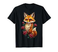 Cute Fox Roses Foresta Animale Volpe Rossa Fiori Maglietta