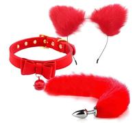 Cute Fox Tail Anal Plug Bow-Knot Soft Cat Ears Headbands Collar Erotic Cosplay Couples Accessories SM Sex Toys For Female Male(Red-3Pcs)